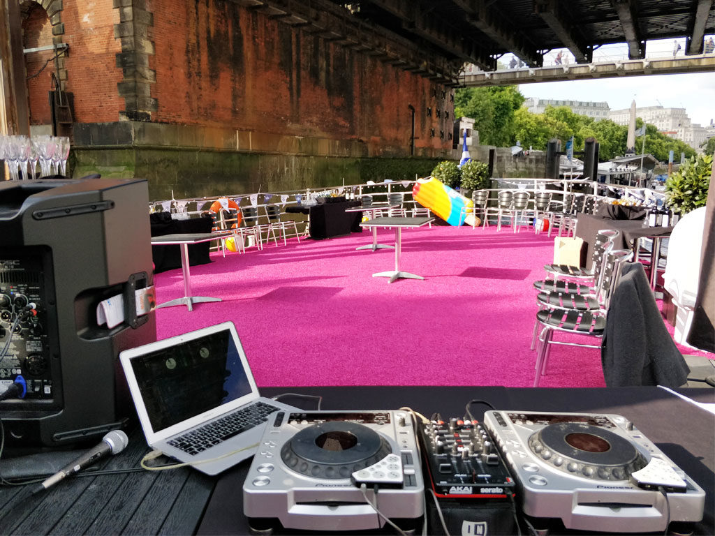 Outdoor boat party DJ set up for Scottish TV