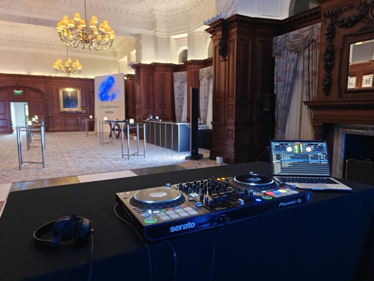 DJ decks and mixer set up for the corporate event at the Landmark London