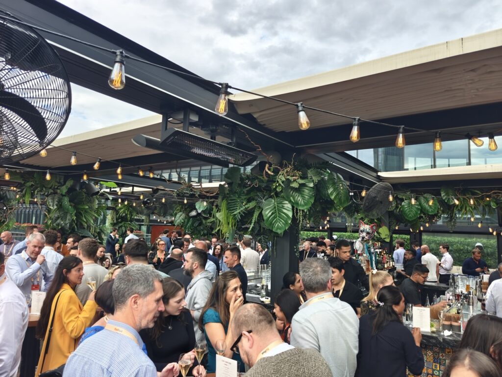 Los Mochis Liverpool Street rooftop with the City of London skyline at a corporate networking event